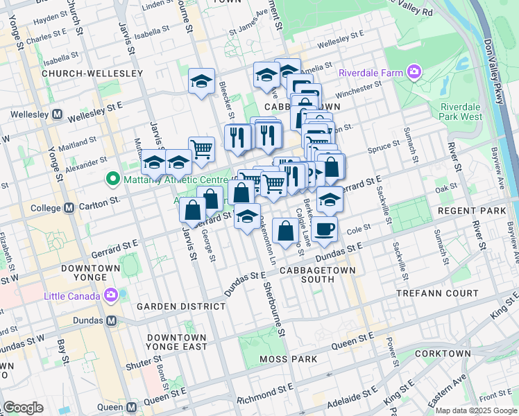 map of restaurants, bars, coffee shops, grocery stores, and more near 205 Gerrard Street East in Toronto