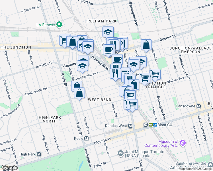 map of restaurants, bars, coffee shops, grocery stores, and more near 42 Jerome Street in Toronto
