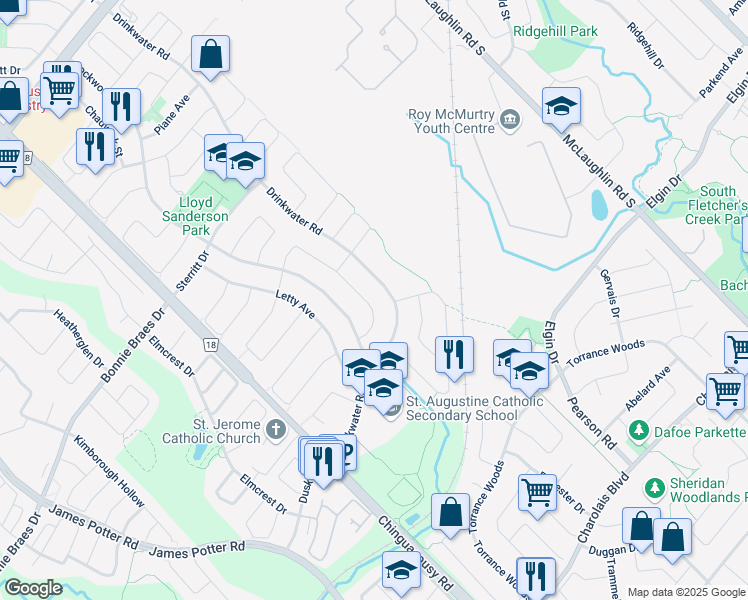 map of restaurants, bars, coffee shops, grocery stores, and more near 33 Hood Crescent in Brampton