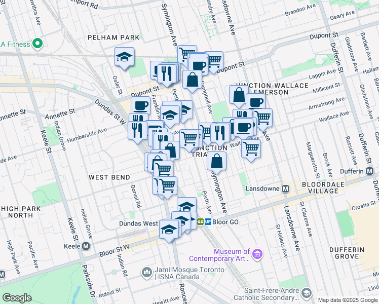 map of restaurants, bars, coffee shops, grocery stores, and more near 252 Perth Avenue in Toronto