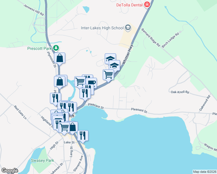 map of restaurants, bars, coffee shops, grocery stores, and more near 81 New Hampshire 25 in Meredith