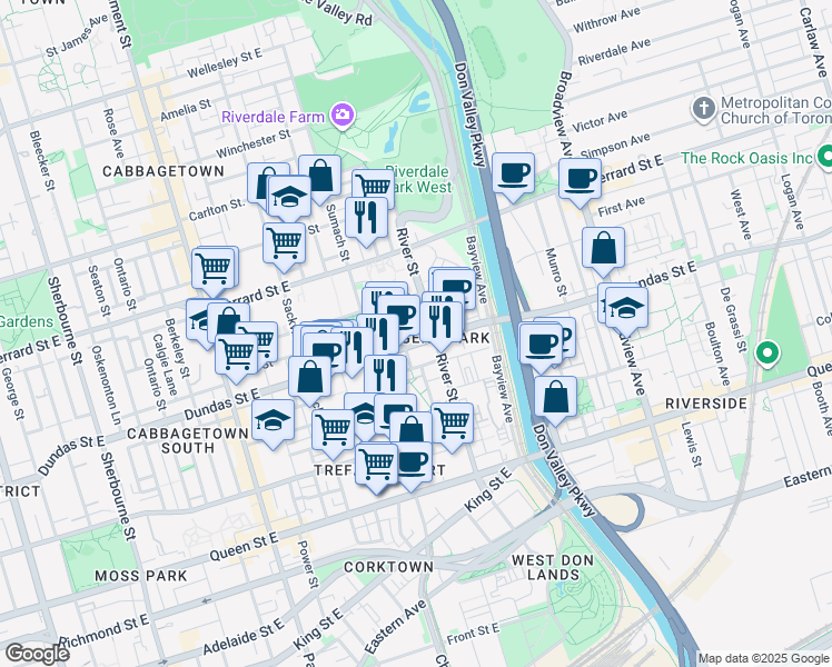 map of restaurants, bars, coffee shops, grocery stores, and more near in Toronto