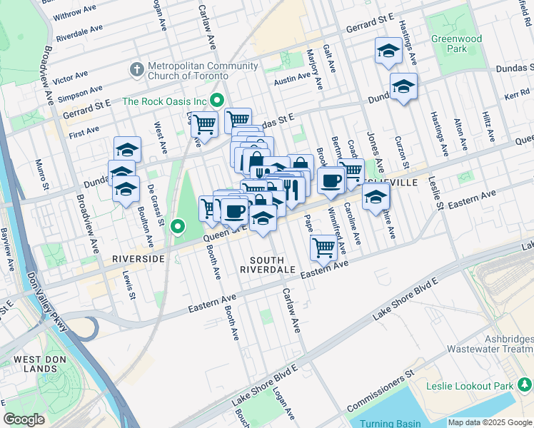 map of restaurants, bars, coffee shops, grocery stores, and more near 974 Queen Street East in Toronto