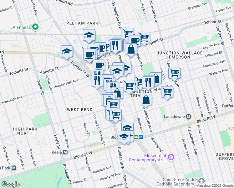 map of restaurants, bars, coffee shops, grocery stores, and more near 47 Macaulay Avenue in Toronto