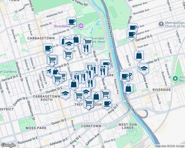 map of restaurants, bars, coffee shops, grocery stores, and more near 20 Tubman Avenue in Toronto