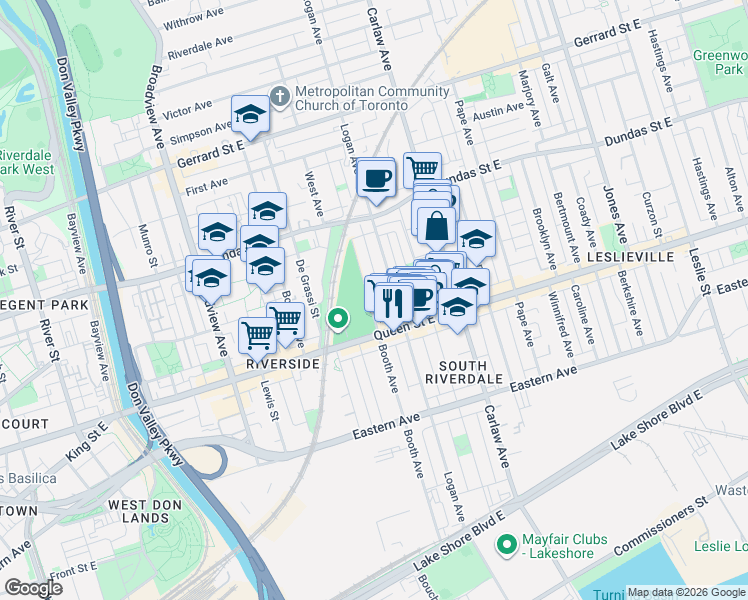 map of restaurants, bars, coffee shops, grocery stores, and more near 221 Booth Avenue in Toronto
