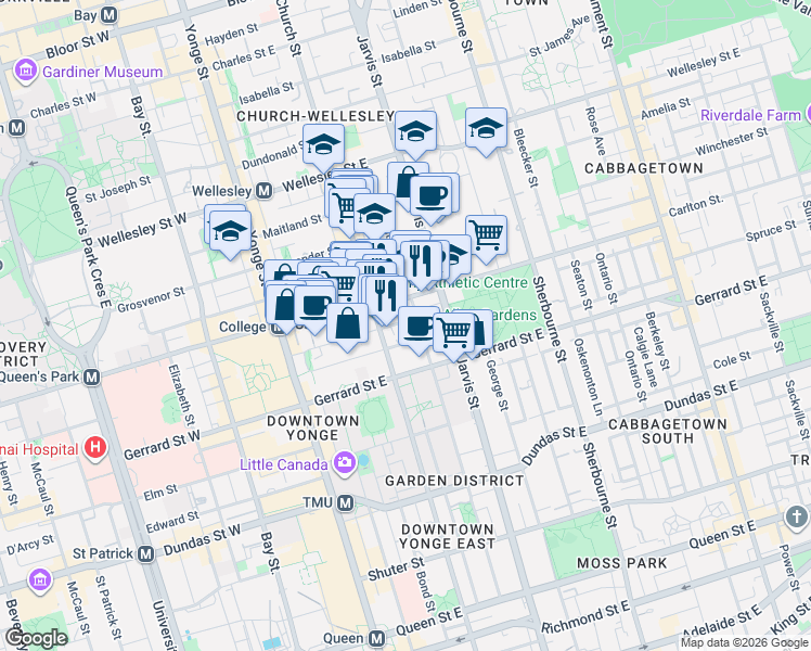 map of restaurants, bars, coffee shops, grocery stores, and more near 111 Granby Street in Toronto