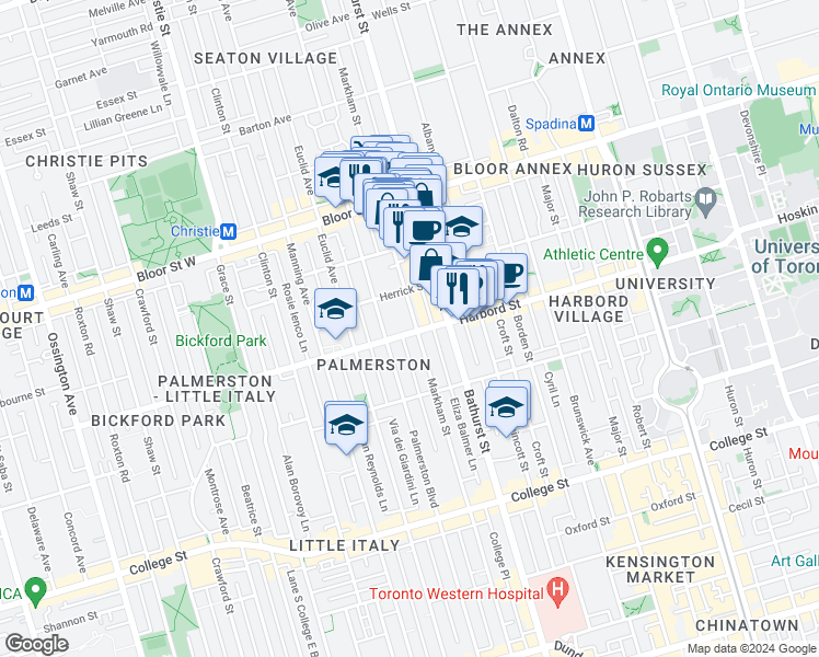 map of restaurants, bars, coffee shops, grocery stores, and more near 460 Markham Street in Toronto