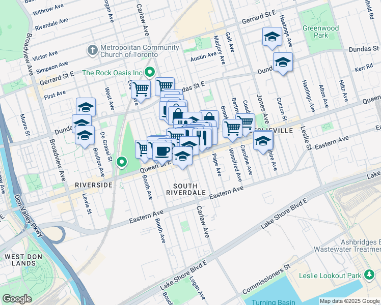 map of restaurants, bars, coffee shops, grocery stores, and more near 998 Queen Street East in Toronto