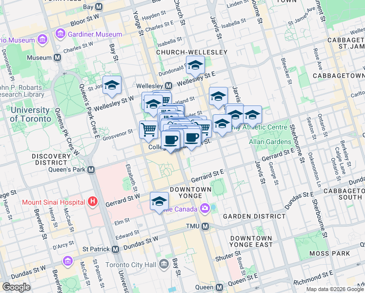 map of restaurants, bars, coffee shops, grocery stores, and more near 7 Carlton Street in Toronto