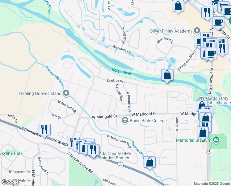 map of restaurants, bars, coffee shops, grocery stores, and more near 6201 North Pintail Way in Boise