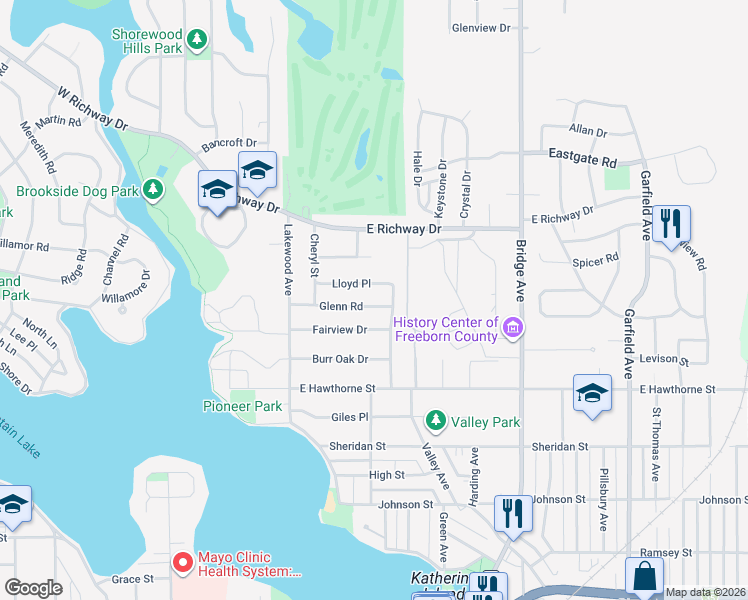 map of restaurants, bars, coffee shops, grocery stores, and more near 327 Lloyd Place in Albert Lea