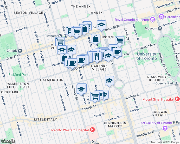 map of restaurants, bars, coffee shops, grocery stores, and more near 134 Brunswick Avenue in Toronto
