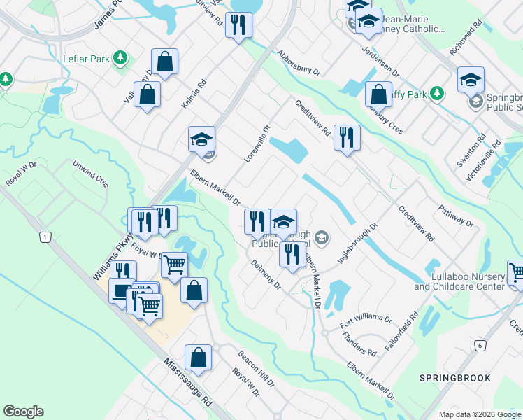 map of restaurants, bars, coffee shops, grocery stores, and more near 151 Elbern Markell Drive in Brampton