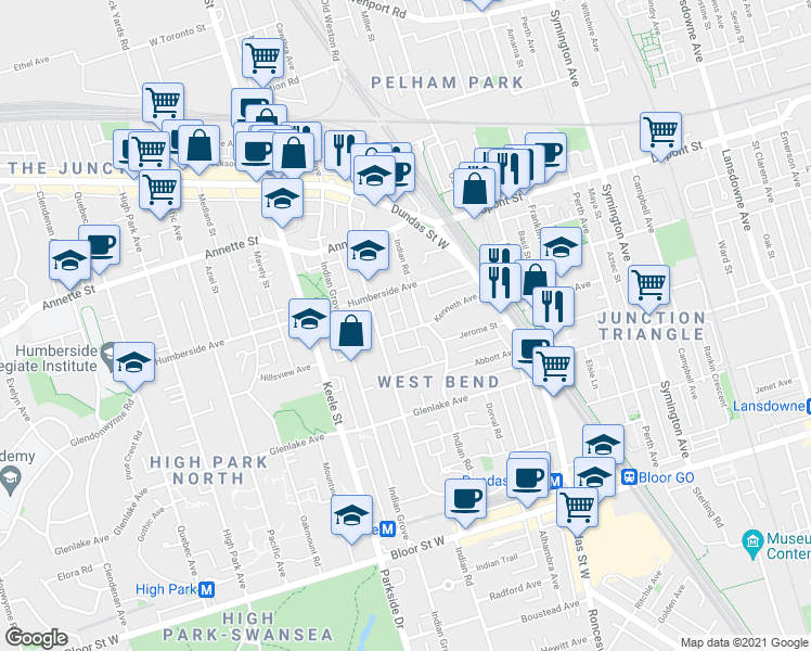 map of restaurants, bars, coffee shops, grocery stores, and more near 76 Kenneth Avenue in Toronto