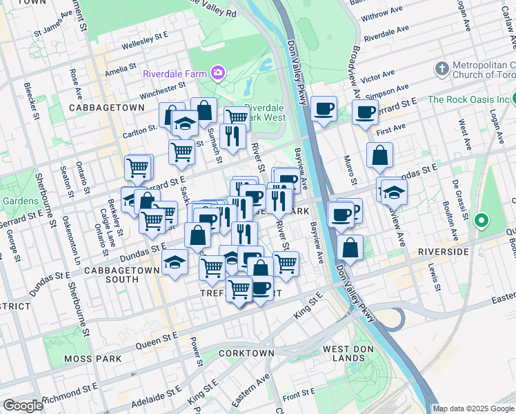 map of restaurants, bars, coffee shops, grocery stores, and more near 35 Tubman Avenue in Toronto