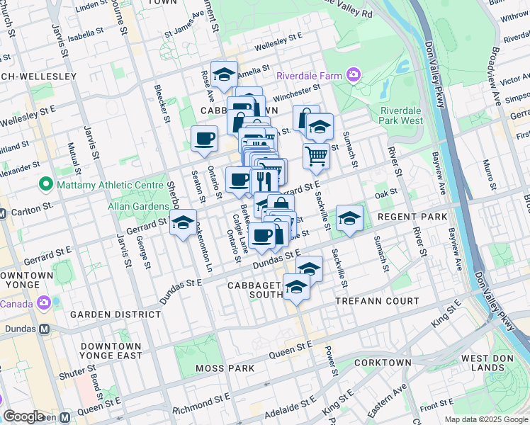 map of restaurants, bars, coffee shops, grocery stores, and more near 306 Gerrard Street East in Toronto