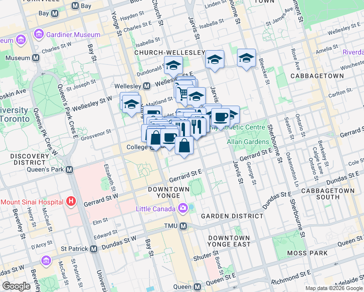 map of restaurants, bars, coffee shops, grocery stores, and more near 45 Carlton Street in Toronto