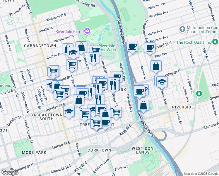map of restaurants, bars, coffee shops, grocery stores, and more near 150 River Street in Toronto