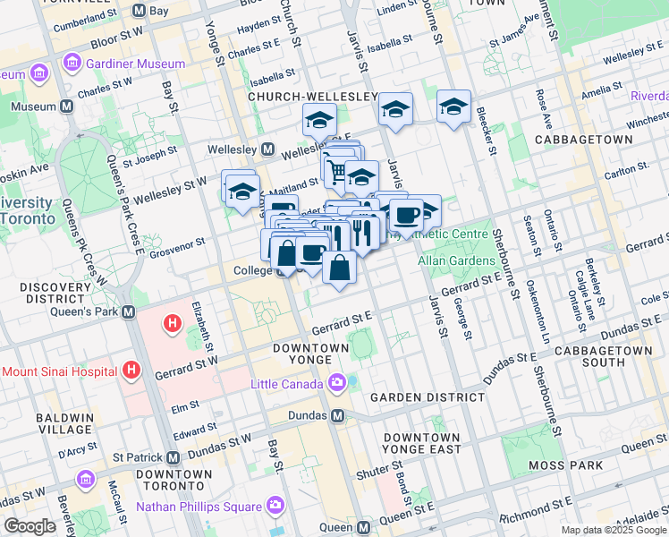 map of restaurants, bars, coffee shops, grocery stores, and more near 45 Carlton Street in Toronto
