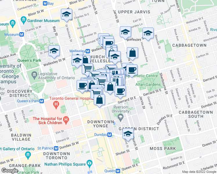 map of restaurants, bars, coffee shops, grocery stores, and more near 45 Carlton Street in Toronto