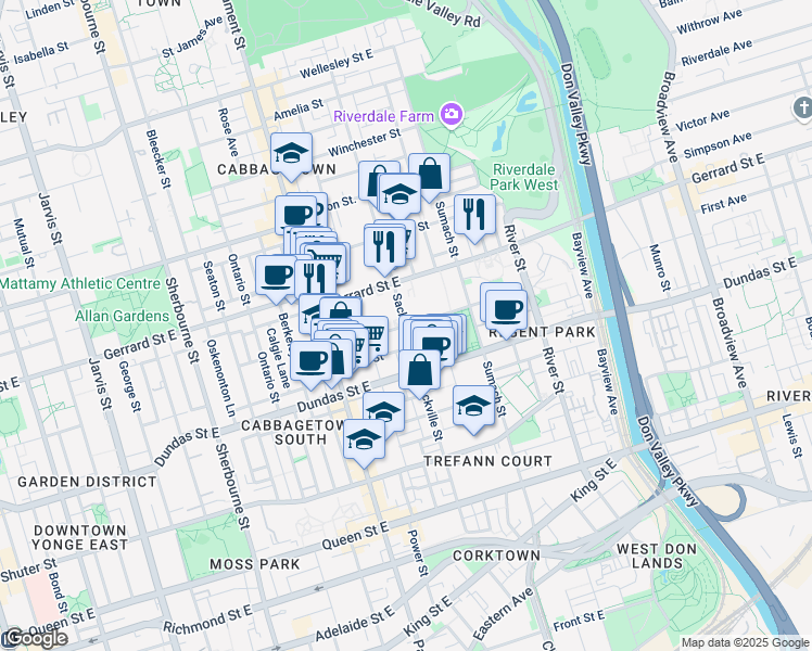 map of restaurants, bars, coffee shops, grocery stores, and more near Sackville Street in Toronto