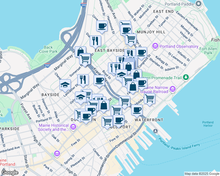 map of restaurants, bars, coffee shops, grocery stores, and more near U.S. 1 Alternate in Portland