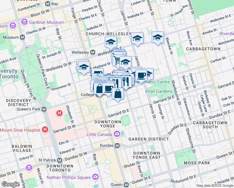 map of restaurants, bars, coffee shops, grocery stores, and more near in Toronto