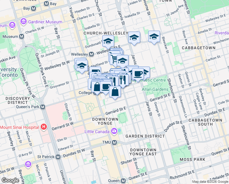 map of restaurants, bars, coffee shops, grocery stores, and more near in Toronto