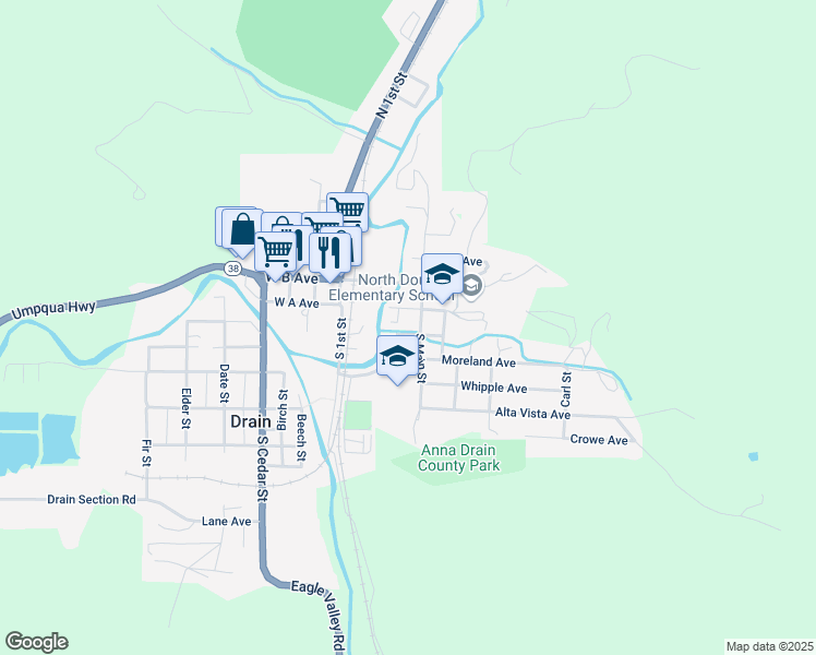 map of restaurants, bars, coffee shops, grocery stores, and more near 101 North Main Street in Drain