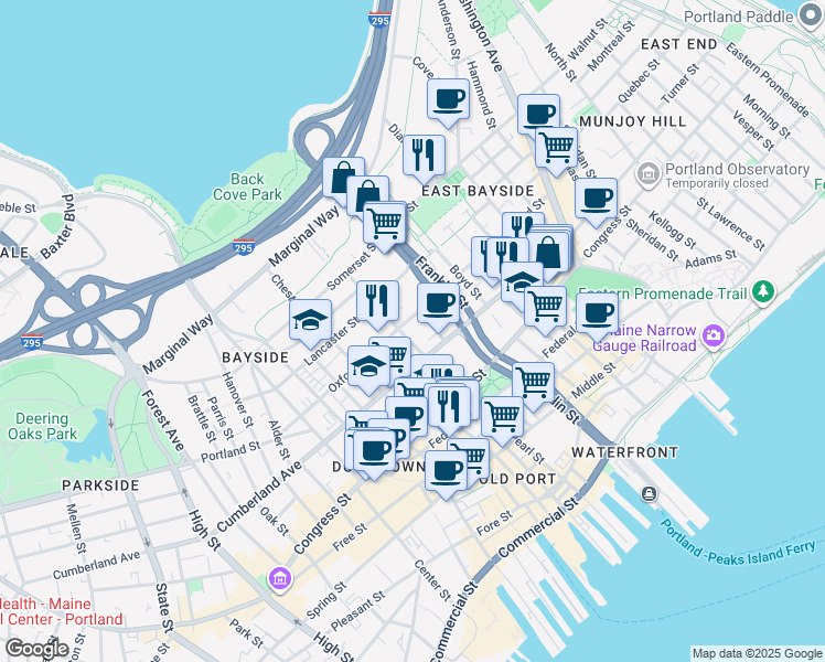 map of restaurants, bars, coffee shops, grocery stores, and more near 62 Wilmot Street in Portland