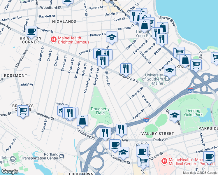 map of restaurants, bars, coffee shops, grocery stores, and more near 30 Catherine Street in Portland