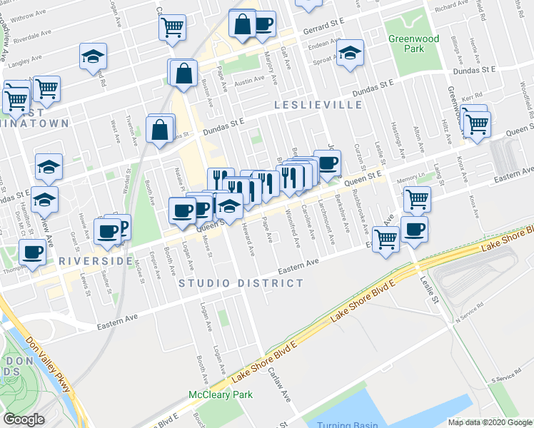 map of restaurants, bars, coffee shops, grocery stores, and more near in Toronto