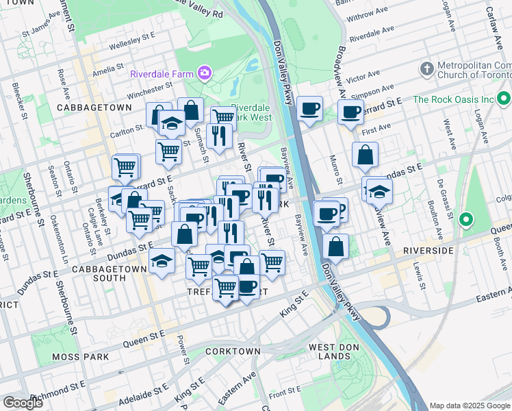 map of restaurants, bars, coffee shops, grocery stores, and more near in Toronto