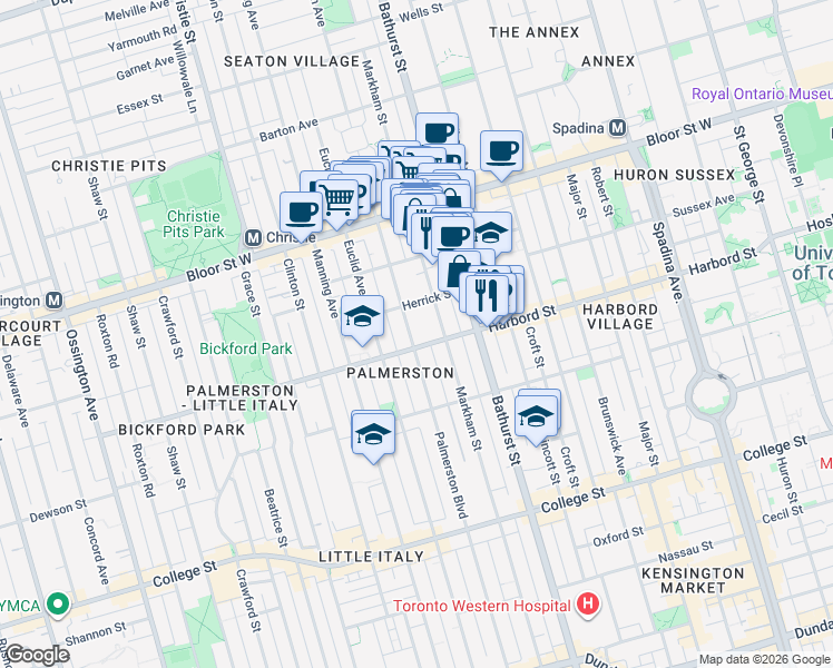 map of restaurants, bars, coffee shops, grocery stores, and more near in Toronto