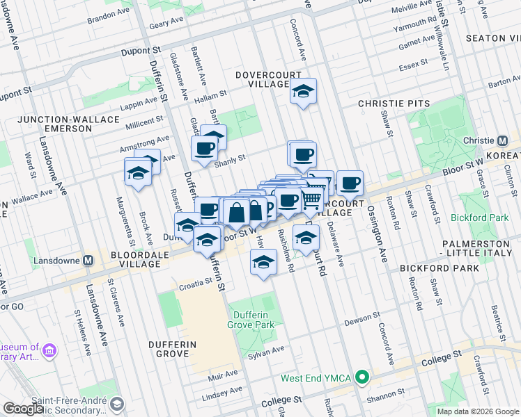 map of restaurants, bars, coffee shops, grocery stores, and more near 42 Salem Avenue in Toronto