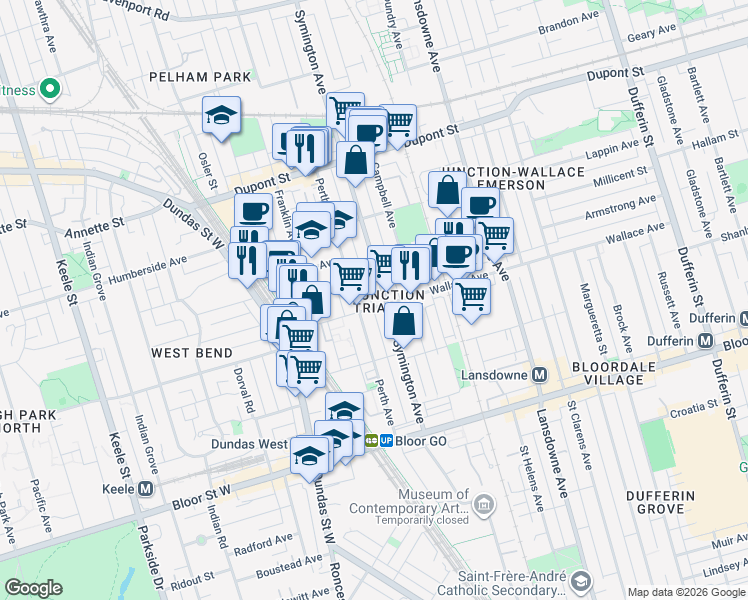 map of restaurants, bars, coffee shops, grocery stores, and more near 252 Perth Avenue in Toronto