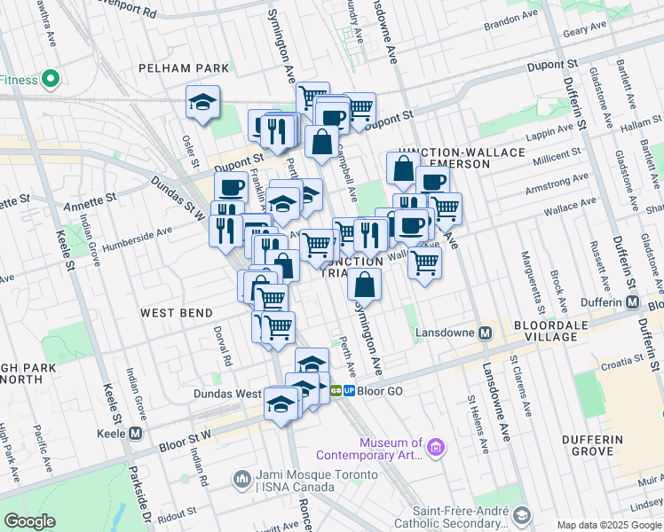 map of restaurants, bars, coffee shops, grocery stores, and more near 252 Perth Avenue in Toronto