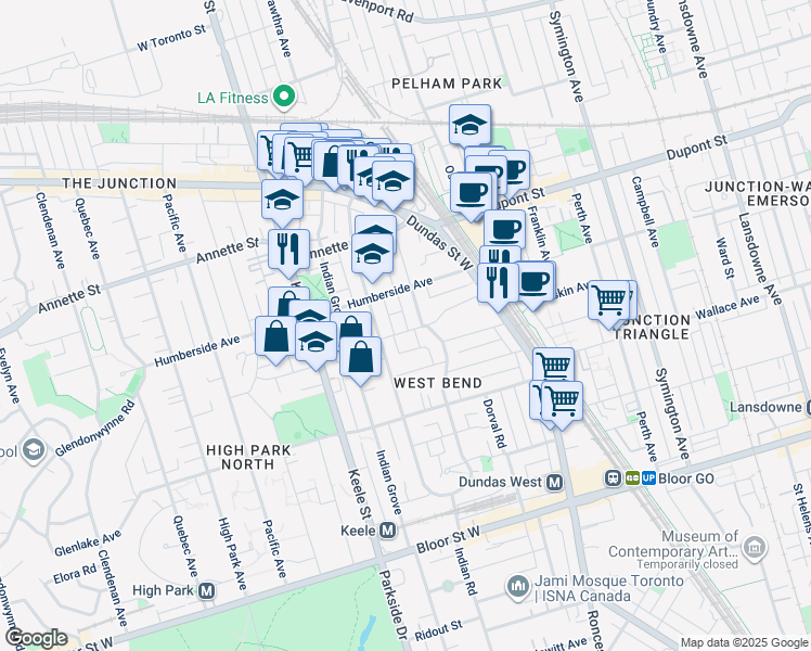 map of restaurants, bars, coffee shops, grocery stores, and more near in Toronto