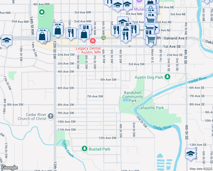 map of restaurants, bars, coffee shops, grocery stores, and more near 611 5th Avenue Southwest in Austin
