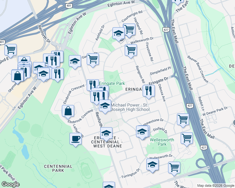 map of restaurants, bars, coffee shops, grocery stores, and more near 94 Eringate Drive in Toronto