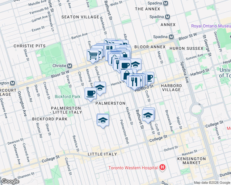 map of restaurants, bars, coffee shops, grocery stores, and more near 459 Palmerston Boulevard in Toronto