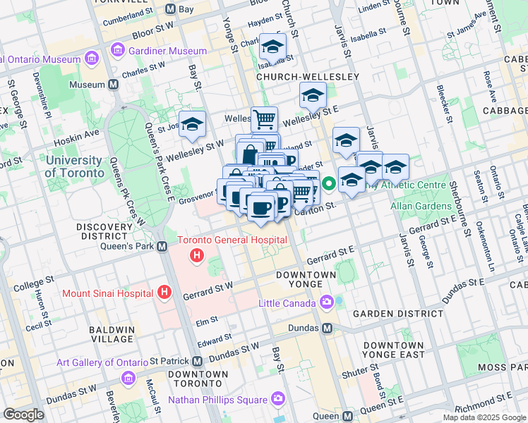 map of restaurants, bars, coffee shops, grocery stores, and more near 25 Grosvenor Street in Toronto