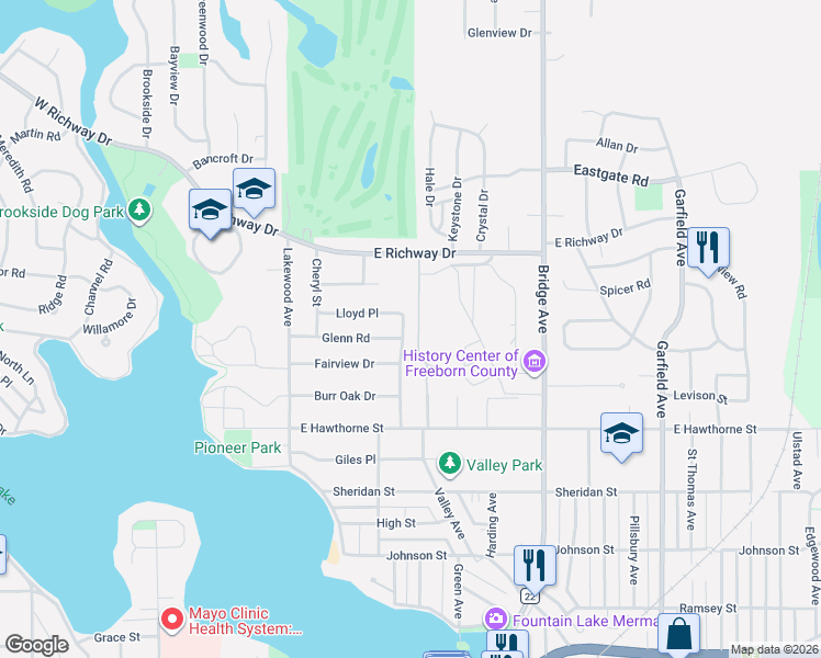 map of restaurants, bars, coffee shops, grocery stores, and more near 327 Lloyd Place in Albert Lea