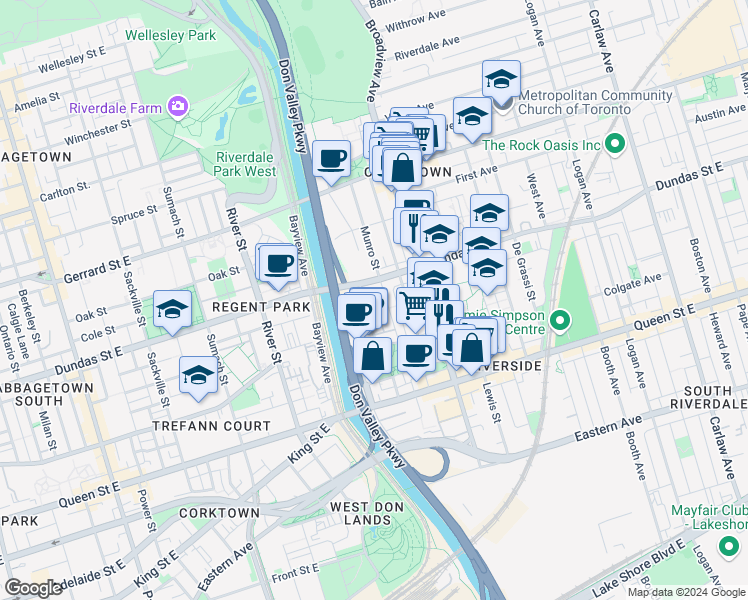map of restaurants, bars, coffee shops, grocery stores, and more near 24 Florence Wyle Lane in Toronto