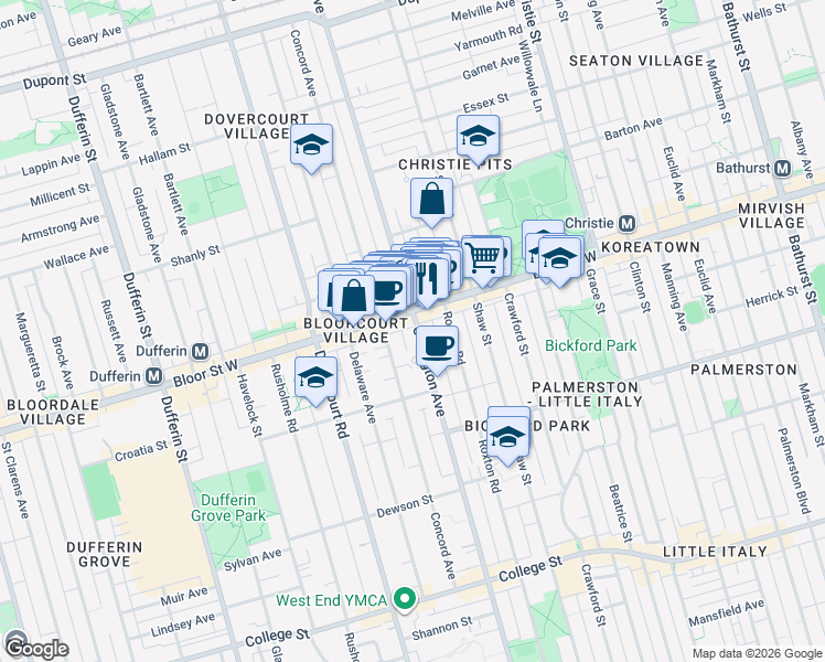 map of restaurants, bars, coffee shops, grocery stores, and more near 716 Ossington Avenue in Toronto