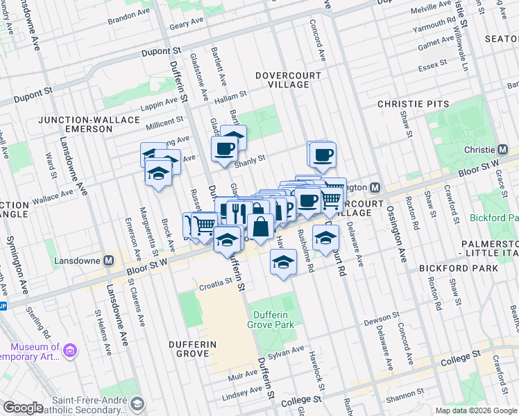 map of restaurants, bars, coffee shops, grocery stores, and more near 24 Bartlett Avenue in Toronto