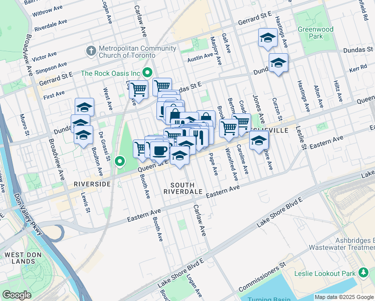 map of restaurants, bars, coffee shops, grocery stores, and more near 974 Queen Street East in Toronto