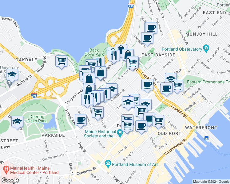 map of restaurants, bars, coffee shops, grocery stores, and more near 130 Chestnut Street in Portland