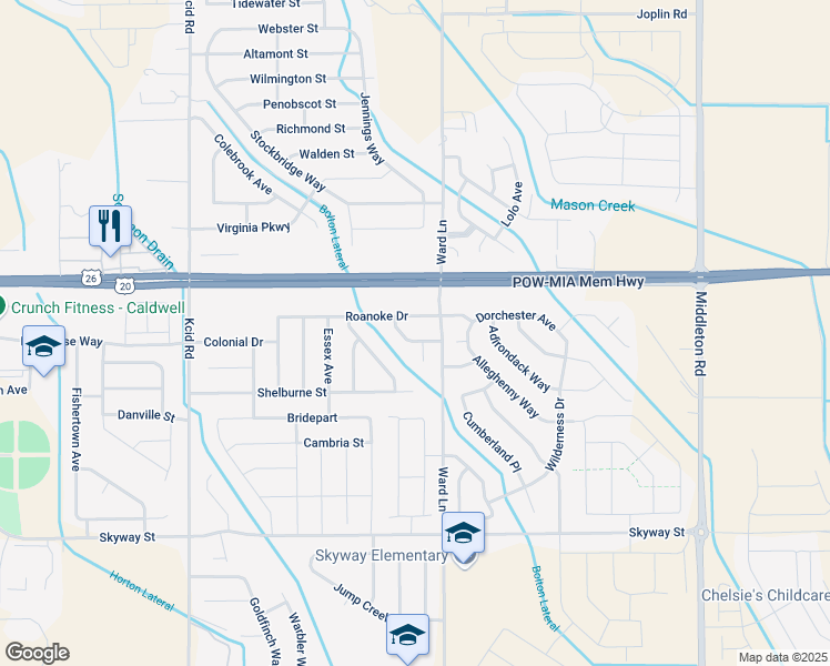 map of restaurants, bars, coffee shops, grocery stores, and more near 11550 Dominion Way in Caldwell